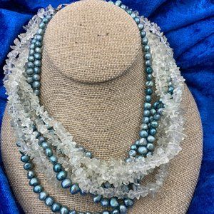 18' 8 Strand Pearl & Aqua Marine Silver Clasp